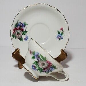 Teacup and Saucer Pink Purple White Flowers Vintage